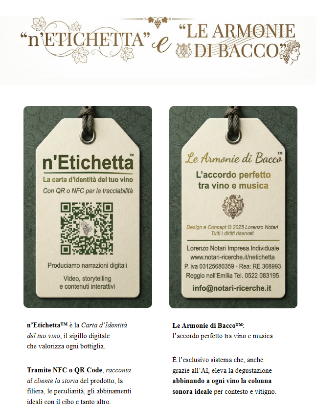 n'Etichetta e Le Armonie di Bacco, cartellino da appendere alle bottiglie di vino italiano per incentivare la conoscenza del prodotto